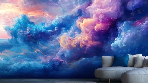 Dreamy cloudscape wall art brightening a cozy lounge corner.