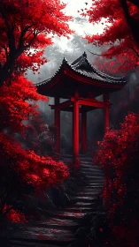 Crimson forest gate amid misty steps and shadowed path.