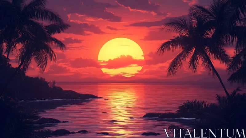 Crimson tropic sunset cradles a molten-gold ocean horizon.