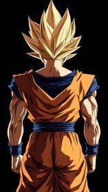 Spiky haired fighter in orange gi viewed from behind.