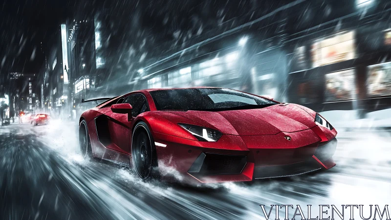 Red supercar slicing through a stormy neon city night.