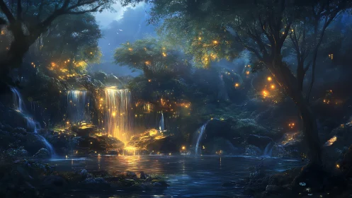 Illuminated waterfall forest landscape with nocturnal lighting effects.