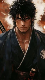 Stoic samurai warrior stares ahead with intense resolve.