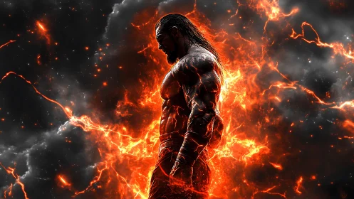 Muscular male silhouette stands amid erupting fiery energy