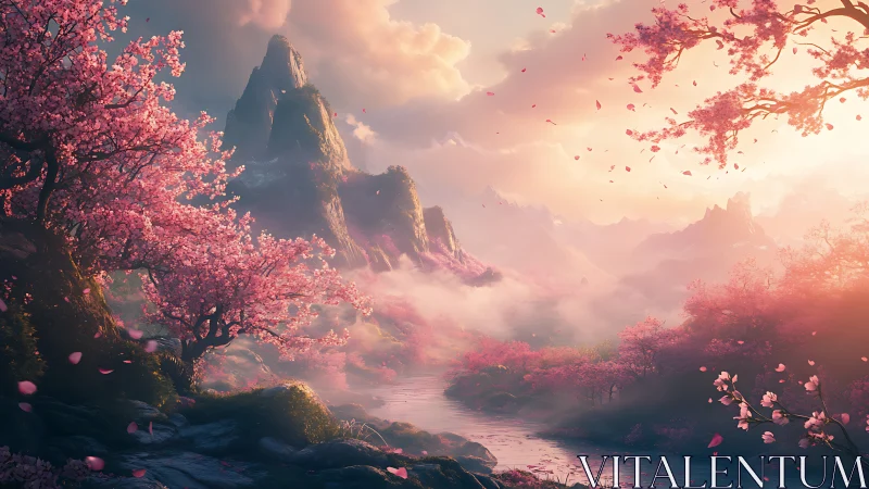 Fantasy cherry blossom valley with misty sunlit peaks.