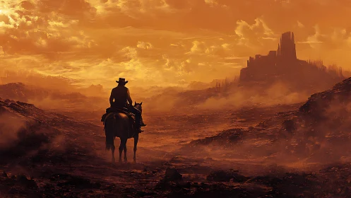 Lone rider drifts through ember desert toward jagged citadel.