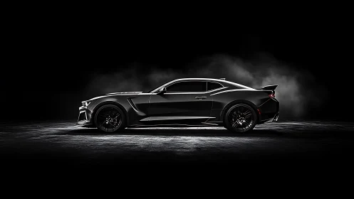 Side-profile black muscle coupe in low-key studio lighting