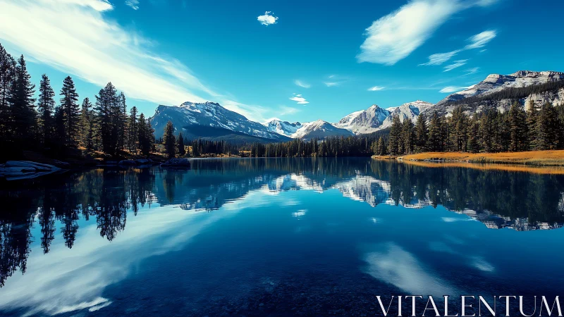 Snowcapped mountain range reflected in tranquil alpine lake