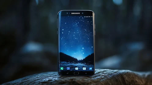 Samsung Galaxy starry night landscape wallpaper on mobile device