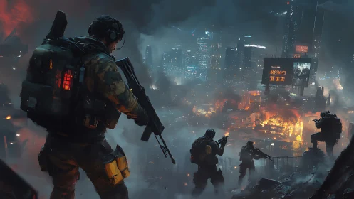 Futuristic soldiers assault burning cyberpunk megacity skyline.