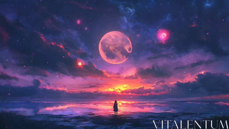 Night sky opens gently as a lone dreamer greets the moon