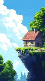 Pixel art cottage structure positioned on elevated terrain formation.