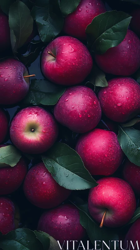 Juicy red apples rest in cool water with fresh green leaves