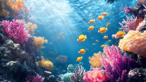 Sunlit coral reef welcomes a bright school of yellow fish