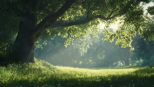 Sunlit forest clearing with large tree and soft morning haze.