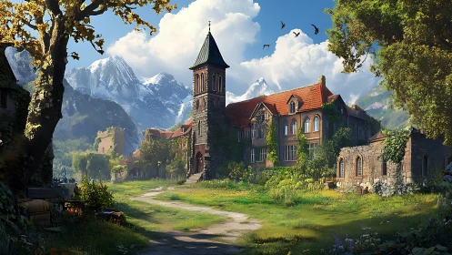 Old mountain academy dreams quietly beneath bright wings