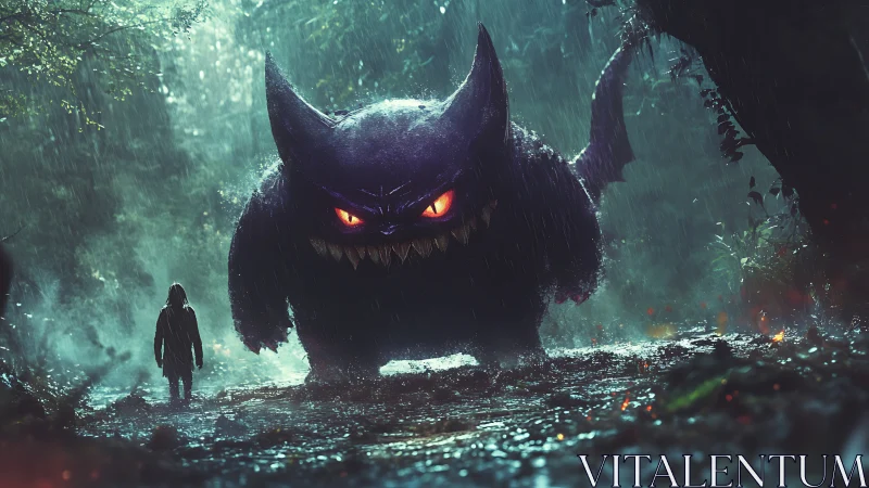 Colossal shadow beast stalking lone hooded figure in rain-soaked forest.