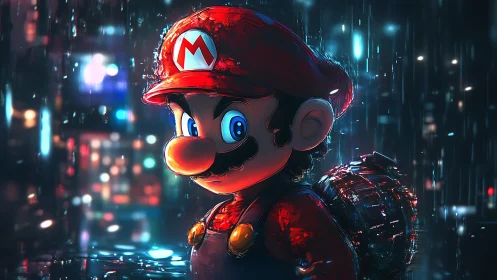 Mario-style character stands in neon city rain at night
