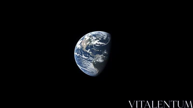 Half-illuminated Earth floats in deep black space void