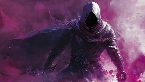 Hooded shadow assassin strides through swirling violet mist