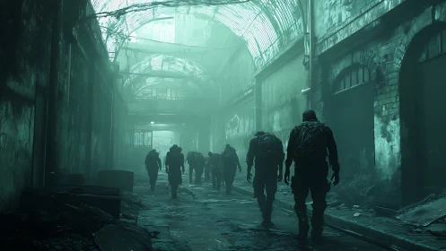 Militant figures cross decayed green-lit urban corridor.