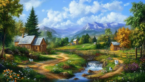 Sunny mountain valley cottages beside a playful winding stream.