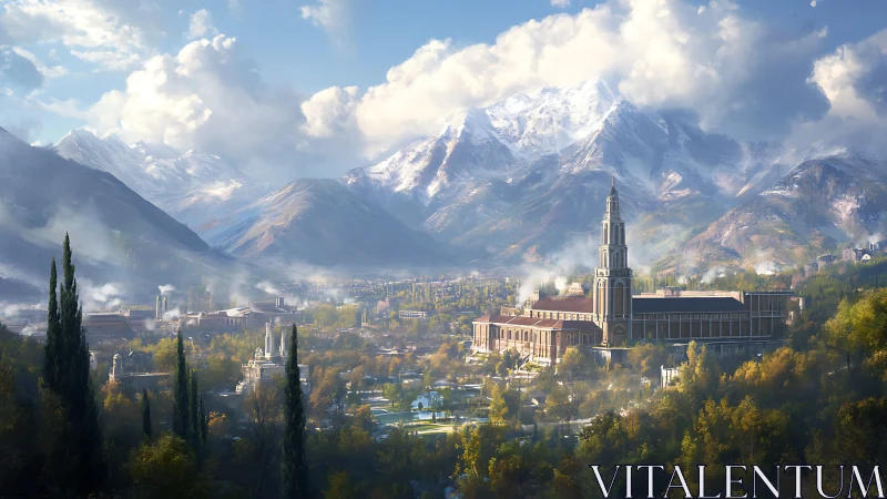 Mountain valley cityscape with central tower complex.