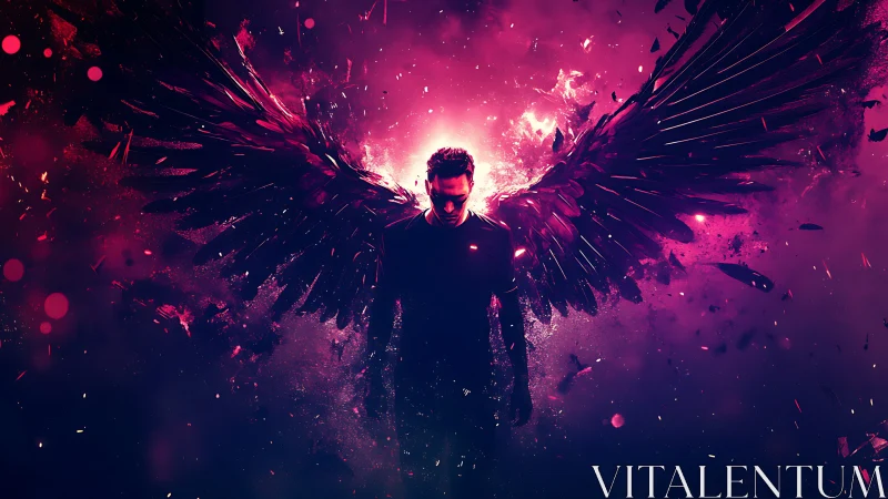 Stormborn dark angel rising in neon magenta starlight.