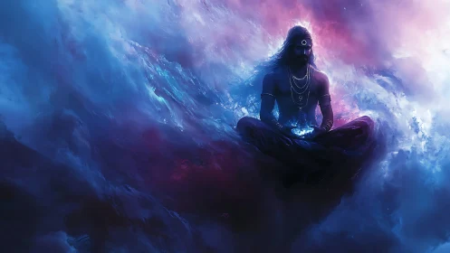 Mystic blue deity levitates amid nebular light and cosmic haze