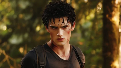 Wounded forest wanderer facing danger with quiet resolve.