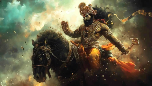 Armored horseman in ornate attire amid dense storm clouds.