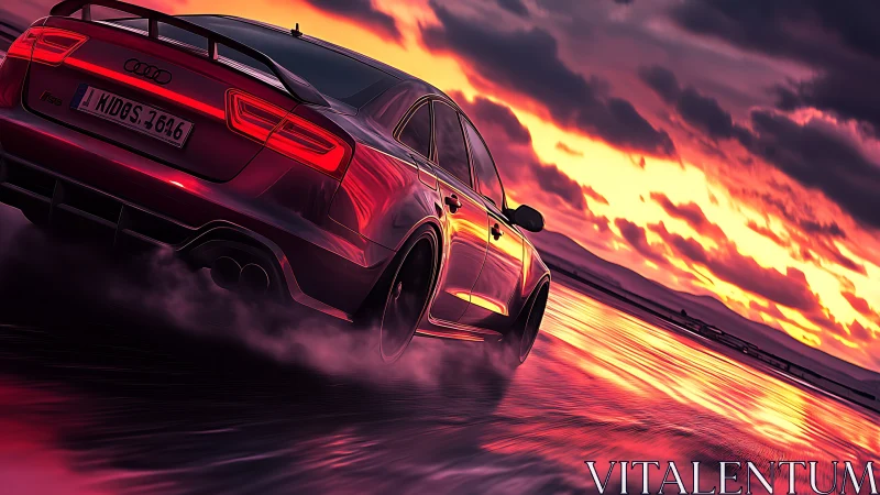 Sport sedan drifts on wet coastal road at neon sunset.