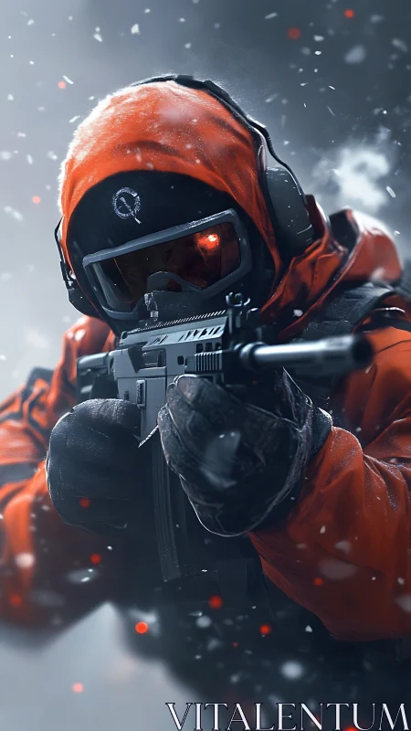 Crimson winter marksman steadies a rifle in swirling sparks