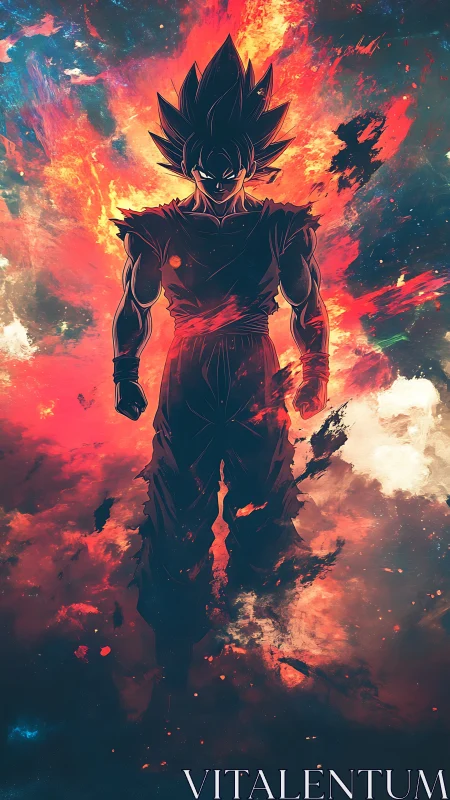 Silhouetted spiky haired warrior stands before explosive nebula