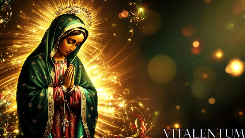 Radiant robed Madonna glows against swirling golden light