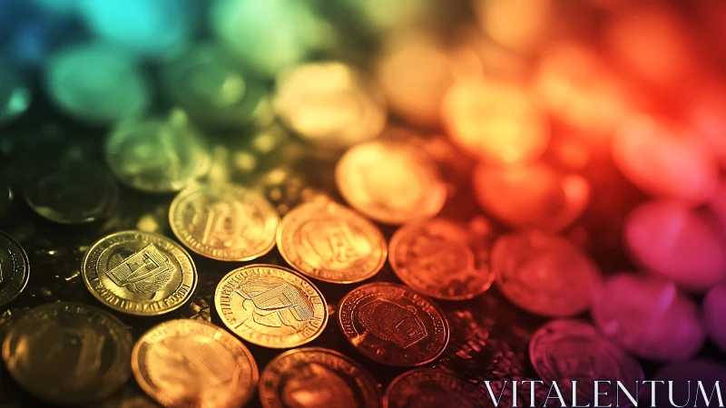 Rainbow glow on scattered coins in a dreamy close-up scene.
