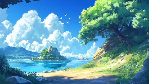 Idyllic Island Cove Rendered in Romantic Digital Painting Technique