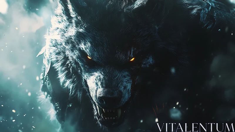 Lupine fury in icy storm with glowing ember eyes poised.