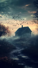 Isolated house on misty path with flock of distant birds.
