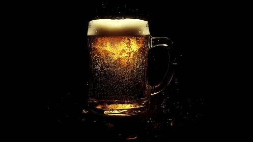 Glass beer mug with foam and bubbles against black field.