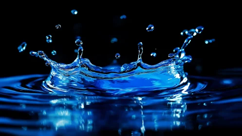 Blue water droplet splash captured in sharp close-up detail.
