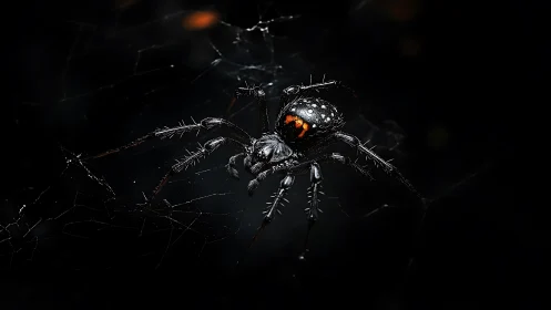 Dark web spider with orange markings in close focus.