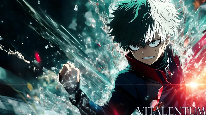 Storm-charged hero shatters glassy chaos with fierce resolve.