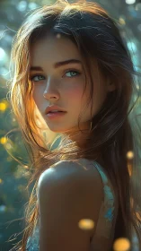 Sunlit girl gazes back amid soft bokeh forest glow.