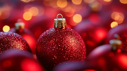 Glittering red Christmas bauble shines amid warm bokeh lights.