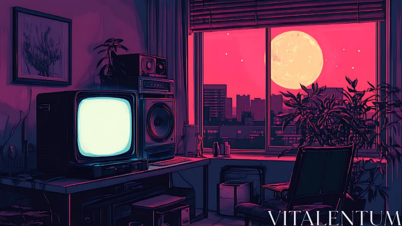 Neon lit retro workspace overlooks magenta city moonrise