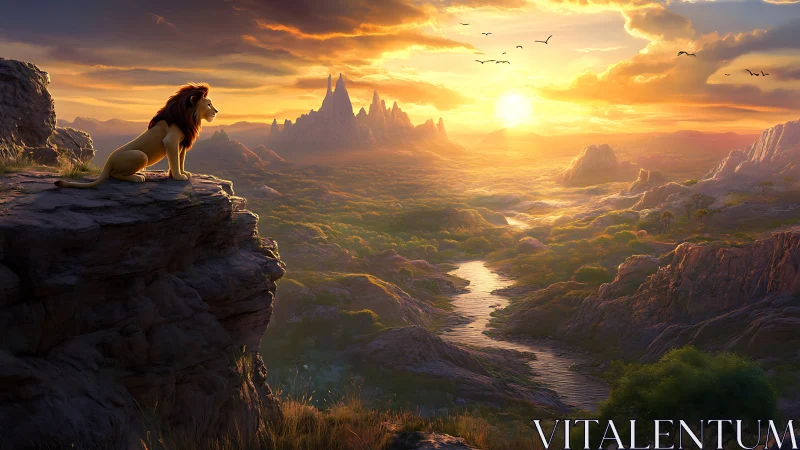 Lion stands on rocky cliff observing distant valley at sunset