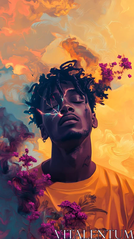 Digital portrait with clouds, flowers, and facial lightning.