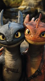 Dragon hatchlings lean in close and share a knowing grin