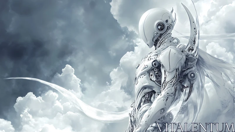 Cybernetic seraph in high-key atmospheric concept rendering.
